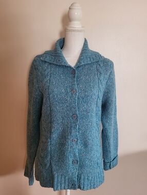 L. L. Bean Donegal Cable Knit Cardigan Sweater Blue Size Medium